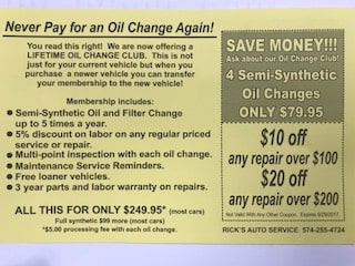 LIFETIME OIL CHANGES AT RICKS'S AUTO SERVICE--CHECK THIS OUT!